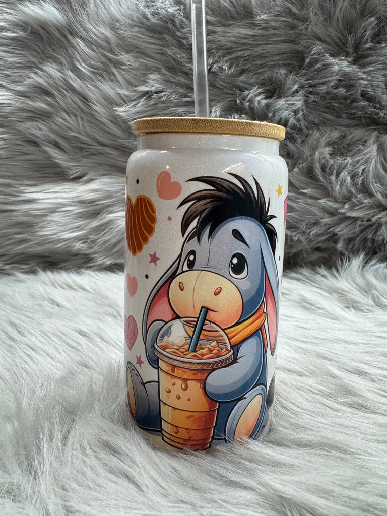 Tumblerrie 16oz Glass Can with Bamboo Lid & Straw Cute Donkey Conchas Cafecito