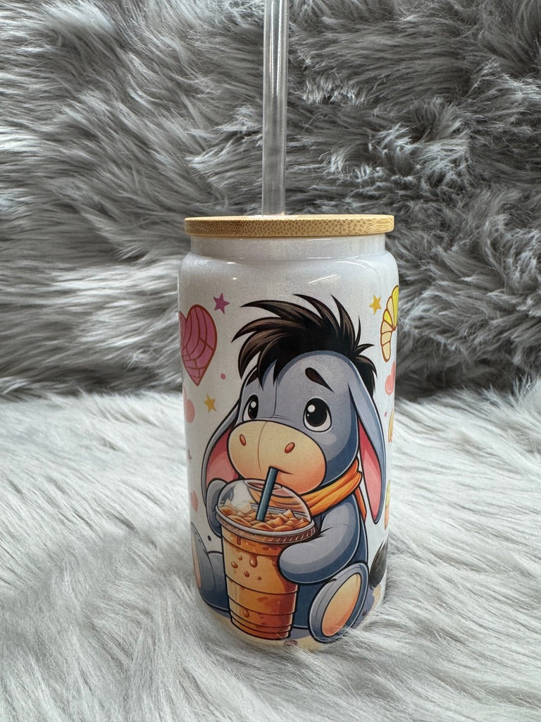 Tumblerrie 16oz Glass Can with Bamboo Lid & Straw Cute Donkey Conchas Cafecito