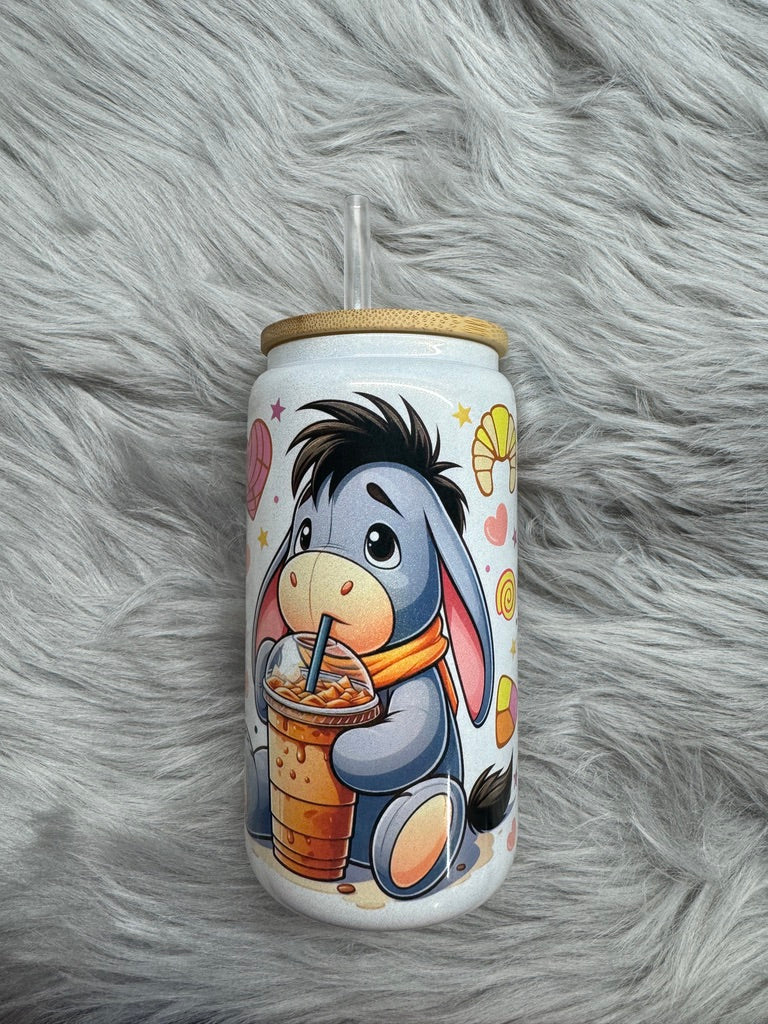 Tumblerrie 16oz Glass Can with Bamboo Lid & Straw Cute Donkey Conchas Cafecito