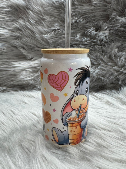 Tumblerrie 16oz Glass Can with Bamboo Lid & Straw Cute Donkey Conchas Cafecito